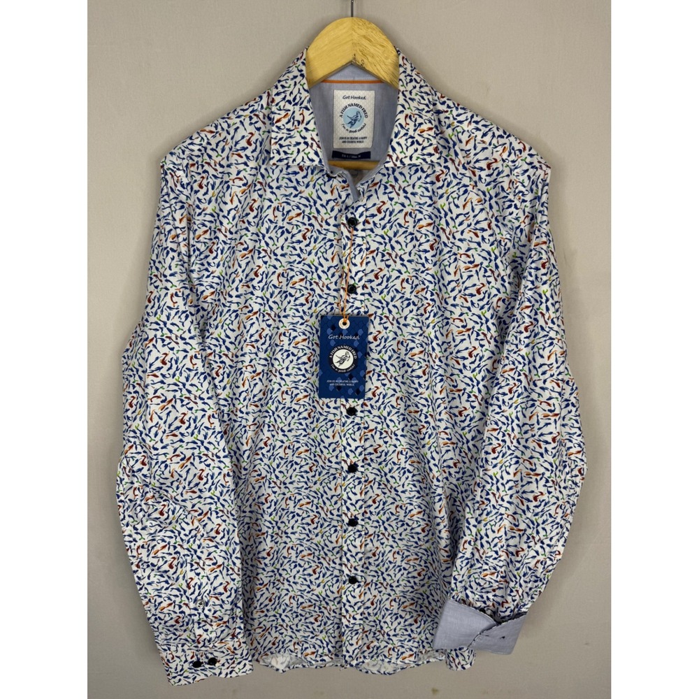 A Fish Named Fred Mens Colorful Fishes Print Button Down Shirt 9889 White Medium
